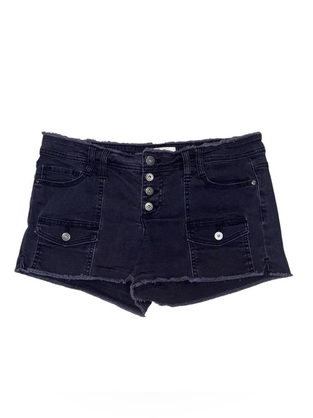 Low rise 2016 micro mini black denim shorts with button fly and frayed hem